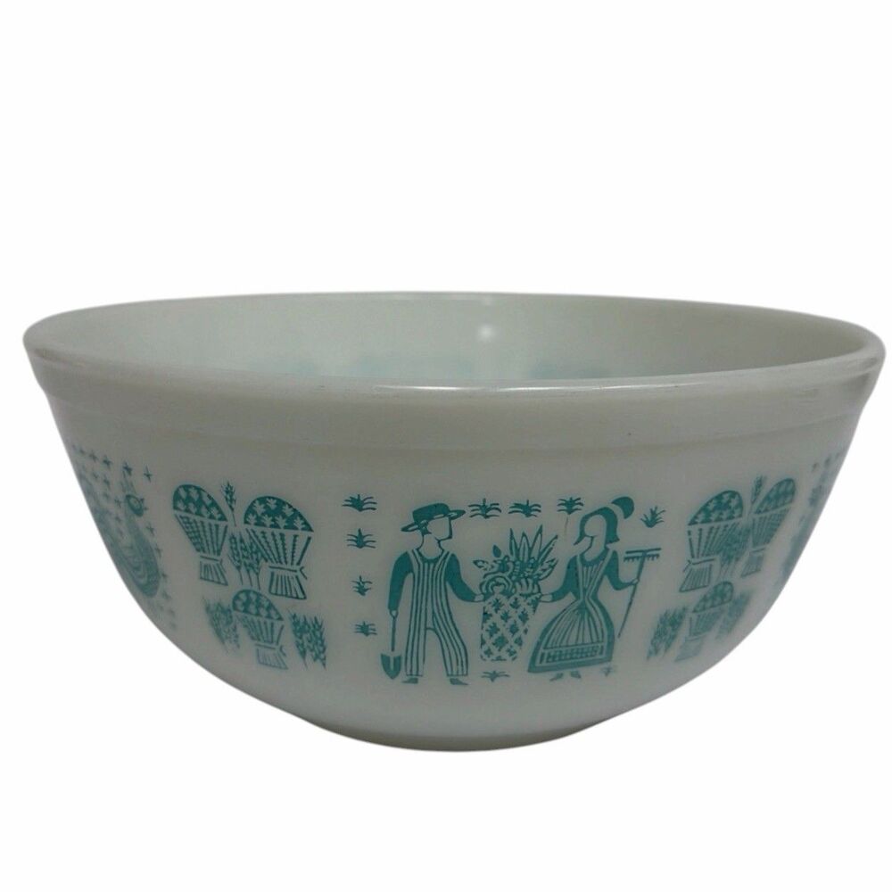 Vtg Pyrex Butterprint Amish Turquoise On White #403 2-1/2 Quart Mixing Bowl